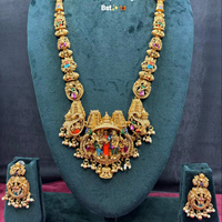 Parure de collier longue traditionnelle indienne du sud pour mariée, en alliage plaqué or avec boucles d'oreilles en zircon, style vintage pour mariage, anniversaire ou fête