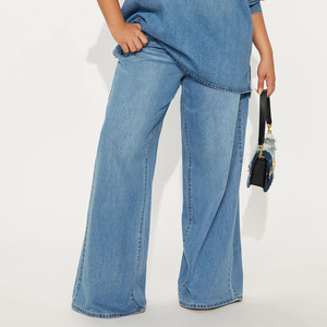 Women Plus Size Denim Tracksuit Set Full Sleeve Button Up Top Wide Leg <b>Pants</b> Casual Solid Color Loose Fit Spring Outfit - Product Image 3