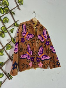 Fabulosa Chaqueta Corta de Terciopelo con Bordado de Mariposas, Estilo Duster, para Invierno, con Cuello Suzani, Abrigo Corto Cálido para Primavera y Fiestas - Product Image 4