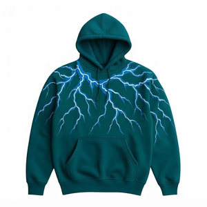 Sweat à capuche oversize pour homme en molleton 100 % coton respirant et écologique, avec broderie premium motif éclair, style streetwear automne - Product Image 2