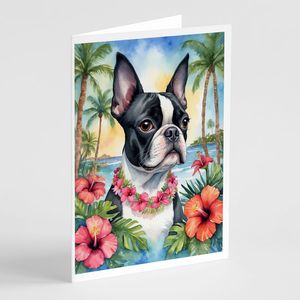 Cartes de vœux fantaisistes Boston Terrier Luau Lot de 8 cartes vierges A7 de taille 5x7 avec enveloppes - Product Image 1