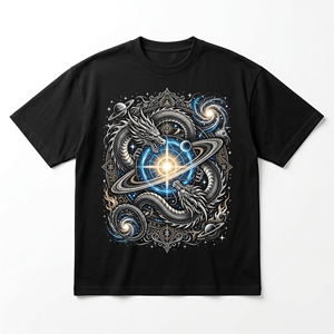 T-shirt Cosmic Twin Dragons |   T-shirt en coton lourd noir mat 240 GSM avec imprimé spirale étoilée du système solaire - Product Image 1