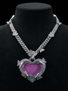 Collar con Colgante de Corazón, Bañado en Rodio, con Piedra de Amatista y Engaste Pavé, Cadena Figaro, Estilo Romántico, Joyería Unisex - Product Image 1