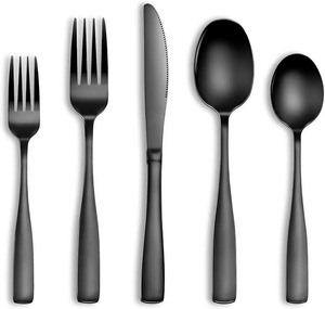 Juego de cubiertos moderno de acero inoxidable negro mate con tenedores, cuchillos y cucharas, juego de metal ecológico perfecto para la mesa de comedor. - Product Image 1