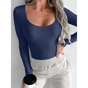 Body de manga larga azul marino para mujer, cuello redondo, elástico, ajustado, liso, informal, cuello cuadrado, cómodo, OEM ODM - Product Image 4