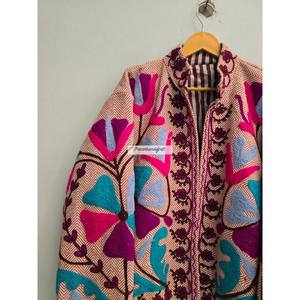 Veste en coton 100% Suzani, broderie ouzbèke, tissu en jute, veste courte unisexe avec deux poches latérales, manteau pour femme - Product Image 2