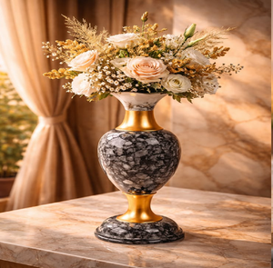 Luxurious black and white pedestal <b>vase</b> with elegant polished <b>gold</b> neck and base accents available at wholesale prices. - Product Image 1