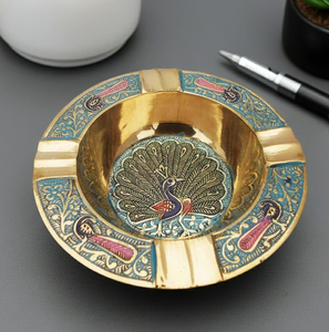 Set of three <b>vintage</b> brass round shallow dish <b>ashtrays</b> with side rests, available at wholesale prices. - Product Image 6