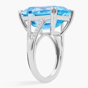 Anillo de compromiso de cóctel con topacio azul cielo, corte esmeralda, chapado en oro blanco de 14K sobre plata de ley, engaste de garra, anillo llamativo para fiesta - Product Image 3