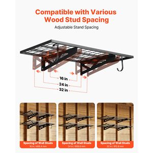 Scaffalatura a 2 livelli in acciaio resistente per garage, montaggio a parete, 2 x 4 piedi (24 x 48 pollici) per ripiano, 24 ganci, design a sospensione - Product Image 3