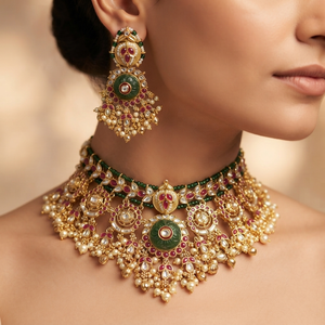 Traditional Ethnic Gold Plated Alloy Green <b>Ruby</b> Choker <b>Necklace</b> Set with Matching Earrings for Women Wedding Party Wear Jewelry - Product Image 1