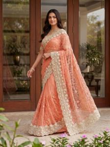 Indian Traditional Gorgeous Net with Embroidery Work With Pearls Diamond Fancy Saree for Festive Party for Women Trendy Wear - Product Image 6