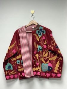 100% Cotton Woven Suzani Embroidery Floral Pattern Reversible Eco-Friendly <b>Velvet</b> Bomber Jacket Long Sleeves for <b>Women</b> Winter - Product Image 1