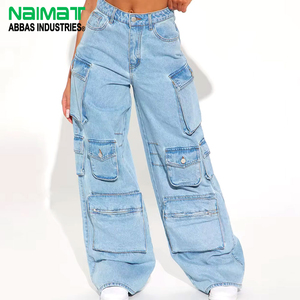 High Quality Women Cargo Denim Jeans Multi Pocket Design High Waisted Baggy Fit Light Blue Cotton Fabric Casual Utility Wear - Product Image 6