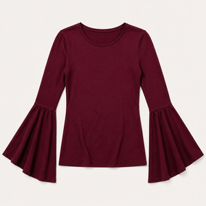 Blusa Casual de Mujer con Mangas Campana, Estilo Retro Vintage, Tejido Elástico de Punto, Anti-Pilling, Corte Cómodo, Cuello Redondo, OEM - Product Image 1