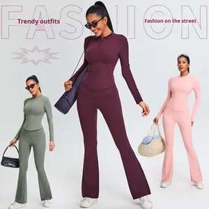 Nuevo Conjunto de Yoga de Dos Piezas para Mujer, Otoño-Invierno, de un Solo Hombro, Ajustado, Manga Larga, Color Sólido, Antibacteriano, con Pantalones Anchos Ligeramente Acampanados - Product Image 2