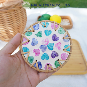 Handcrafted Eco-Friendly Vintage Design Rattan Coaster Set Mother Pearl Inlaid 100mm Diameter 10mm Thickness Natural - Product Image 2