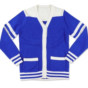 Cárdigan de punto con cuello en V en contraste azul y blanco para mujer, estilo preppy con bolsillos, largo completo, para todas las estaciones. - Product Image 1
