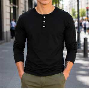 Camisa Henley Negra de Manga Larga para Hombre, Cuello en V, Lisa, con Botones Centrales, Poliéster/Algodón, Transpirable, Antiarrugas - Product Image 1