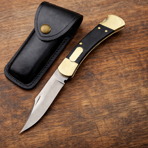 Couteau de poche pliant artisanal, lame en acier inoxydable, couteau à verrouillage, manche en bois d'ébène, outil de camping en plein air avec étui en cuir - Product Image 2