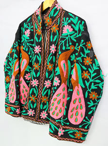 Artisanal Handworked TNT <b>Fabric</b> Jacket | Luxury Peacock Embroidery Unisex Bomber - Product Image 6
