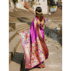 Saloni's <b>Purple</b> Paithani Silk <b>Saree</b> with Half Half Concept Big Border Zari Woven Indian & Pakistani Clothing 700g - Product Image 1