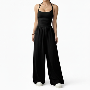 Combinaison sans manches à bretelles spaghetti pour femme, pantalon droit long, tenue décontractée et sportive en polyester et élasthanne, coupe douce - Product Image 1
