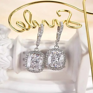 925 Moissanite Special Halo Design Cushion Cut Women's <b>Earrings</b> in White Gold Plated Drop <b>Diamond</b> <b>Earrings</b> for Women's - Product Image 1