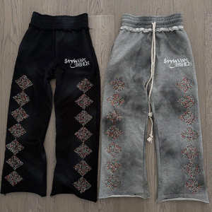 Streetwear Vintage <b>Washed</b> Zip-Up Tracksuit Set Mens Thick Cotton Hoodie & Sweatpants with Custom Embroidery and Rhinestone - Product Image 3