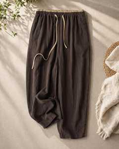 Pantalon en lin pour femme, taille mi-haute, cordon élastique, couleur unie, coupe ample, longueur cheville, décontracté, été - Product Image 4