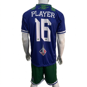 Maillot de football personnalisé sublimé pour homme, bleu et vert rayé, col en V, manches courtes, anti-humidité, coupe athlétique, uniforme adulte - Product Image 5