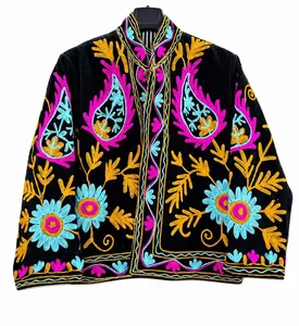 Blouson Bomber Réversible Brodé Suzani Ethnique Traditionnel 100% Coton Velours Motif Floral Vintage Prêt pour l'Hiver - Product Image 1