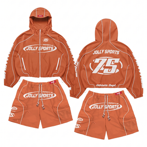 Mens 120 GSM premium Polyester Windbreaker Short Set Red Contrast Piping Custom Logo Windbreaker Shorts for Men - Product Image 6