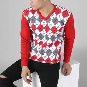Mens Red White Grey <b>Argyle</b> Print Crew Neck Sweatshirt Long Sleeve Casual Pullover Streetwear Fashion Top - Product Image 5