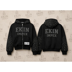 Sudadera con capucha y cremallera de forro polar de 450 g/m² personalizada, estilo Y2K vintage streetwear, 100% algodón, con pedrería, bordado 3D, efecto desgastado por el sol, oversize - Product Image 1