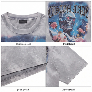 เสื้อยืดคอกลมแขนสั้นสีเทาฟอกกรดทรงโอเวอร์ไซส์สำหรับผู้ชาย ลายกราฟิกหัวกะโหลกหุ่นยนต์กับดอกกุหลาบ สไตล์สตรีท - Product Image 3