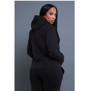 Conjunto de 2 Piezas para Mujer, Sudadera con Capucha y Pantalones Deportivos, Color Negro Sólido, Corte Holgado Informal, Tejido de Algodón, Traje Deportivo Largo para Uso Diario - Product Image 2
