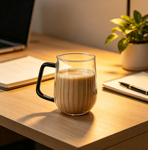 Tazza in Vetro Borosilicato Retrò da 300ml con Design a Righe, Resistente al Calore, Manico Colorato, Logo Personalizzato per Caffetterie e Bar - Product Image 5