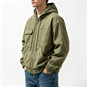 Chaqueta con Capucha y Cierre para Hombre, Color Verde Oliva, Corte Holgado, Diseño Casual con Bolsillos, Estilo Otoñal - Product Image 2