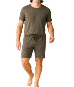 Ensemble T-shirt et short pour homme, couleur unie marron, col rond, manches courtes, décontracté, été, tricoté, vêtements de sport, 100% coton, séchage rapide, 220g - Product Image 3