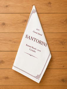 Essuie-tout de cuisine Santorini blanc imprimé |   Serviette de cuisine décorative Île grecque |   Serviette de cuisine à bords festonnés - Product Image 3