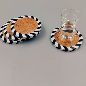 Modern Round Wood <b>Coaster</b> <b>Set</b> Black White Zigzag Pattern Non-Slip Mats & Pads - Product Image 1