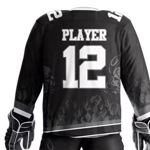 Men's Black Ice Hockey Uniform Set Full Sleeve Sublimated Jersey Pants <b>Gloves</b> Skates <b>Moisture</b> Wicking 100% Polyester Regular Fit - Product Image 5