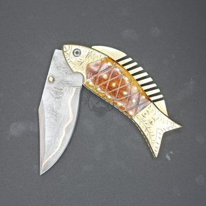 Unique <b>Copper</b> Damascus Steel Artistic Fish Folding Pocket Knife Collectible EDC Multi-Functional Camping Hunting Knife - Product Image 3