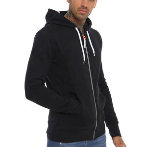 Sudadera con capucha negra para hombre, con cremallera completa, informal, de algodón y forro polar, con cordón ajustable y bolsillo canguro - Product Image 4