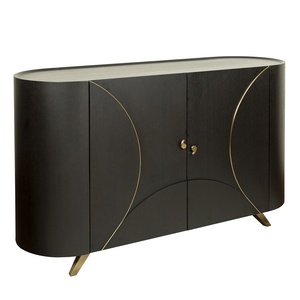 Modern Wood Credenza Gold Accents Midcentury Design Living Room Storage <b>Cabinet</b> Two Doors Sleek Oval Shape Assembled - Product Image 4