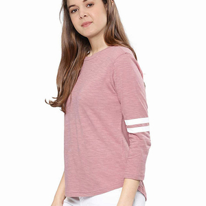 <b>Women's</b> Pink <b>T</b>-<b>Shirt</b> Three Quarter <b>Sleeve</b> <b>T</b>-<b>Shirt</b> Crew Neck <b>T</b>-<b>Shirt</b> With <b>White</b> Stripe Casual Wear <b>T</b>-<b>Shirt</b> Gym Wear <b>T</b> <b>Shirt</b> - Product Image 3