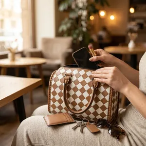 Checkered Genuine Leather Shoulder Bag Women <b>Handbag</b> Zipper Purse Portable Daily Travel Bag - Product Image 5