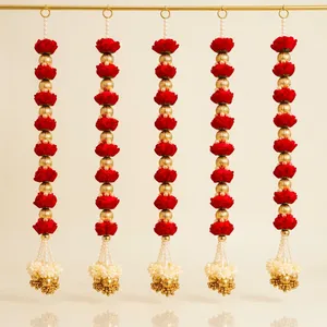 Guirlande suspendue en tissu perlé à motif de fleur de lotus rouge, décoration murale Toran pour mariage, Diwali, faite à la main - Product Image 5