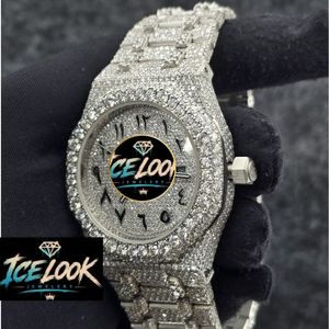 นาฬิกาข้อมือผู้ชาย Ice Look หรูหรา สายสแตนเลส หน้าปัดกลม 40 มม. ระบบควอตซ์ แสดงวันที่ ตัวล็อคแบบพับ สไตล์เพชร - Product Image 3